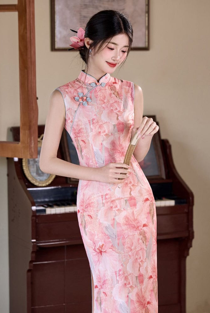 Beth and Brian Qipao-LSB Floral pattern, mesh fabric midi Cheongsam