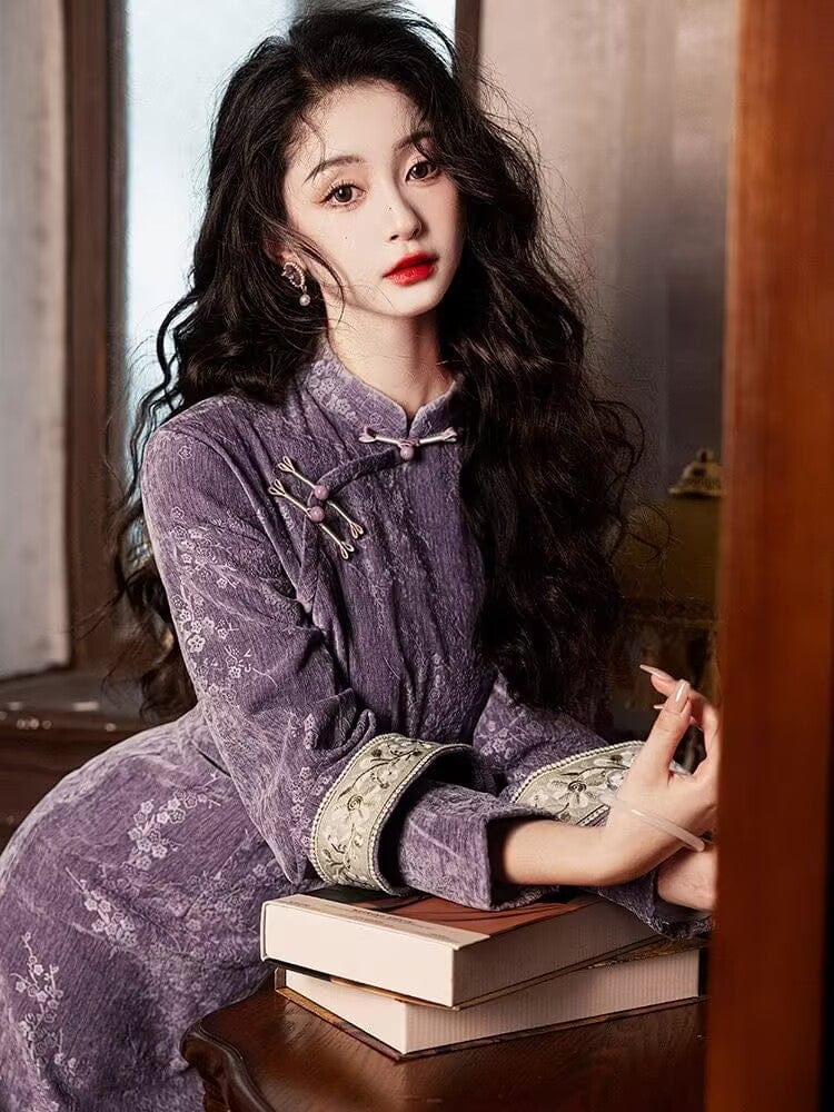 Beth and Brian Qipao-LSB Chenille floral midi Cheongsam with long sleeves