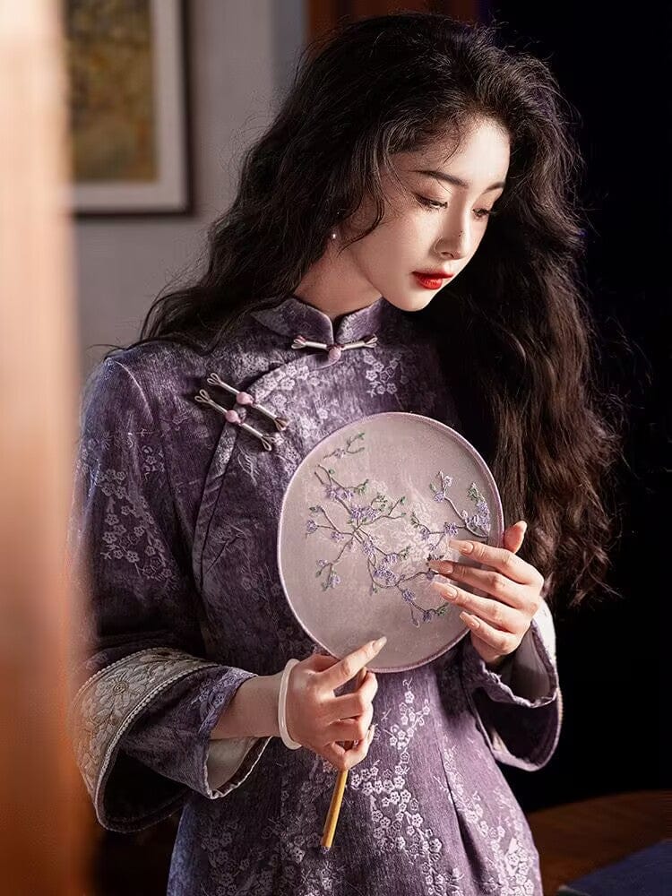 Beth and Brian Qipao-LSB Chenille floral midi Cheongsam with long sleeves