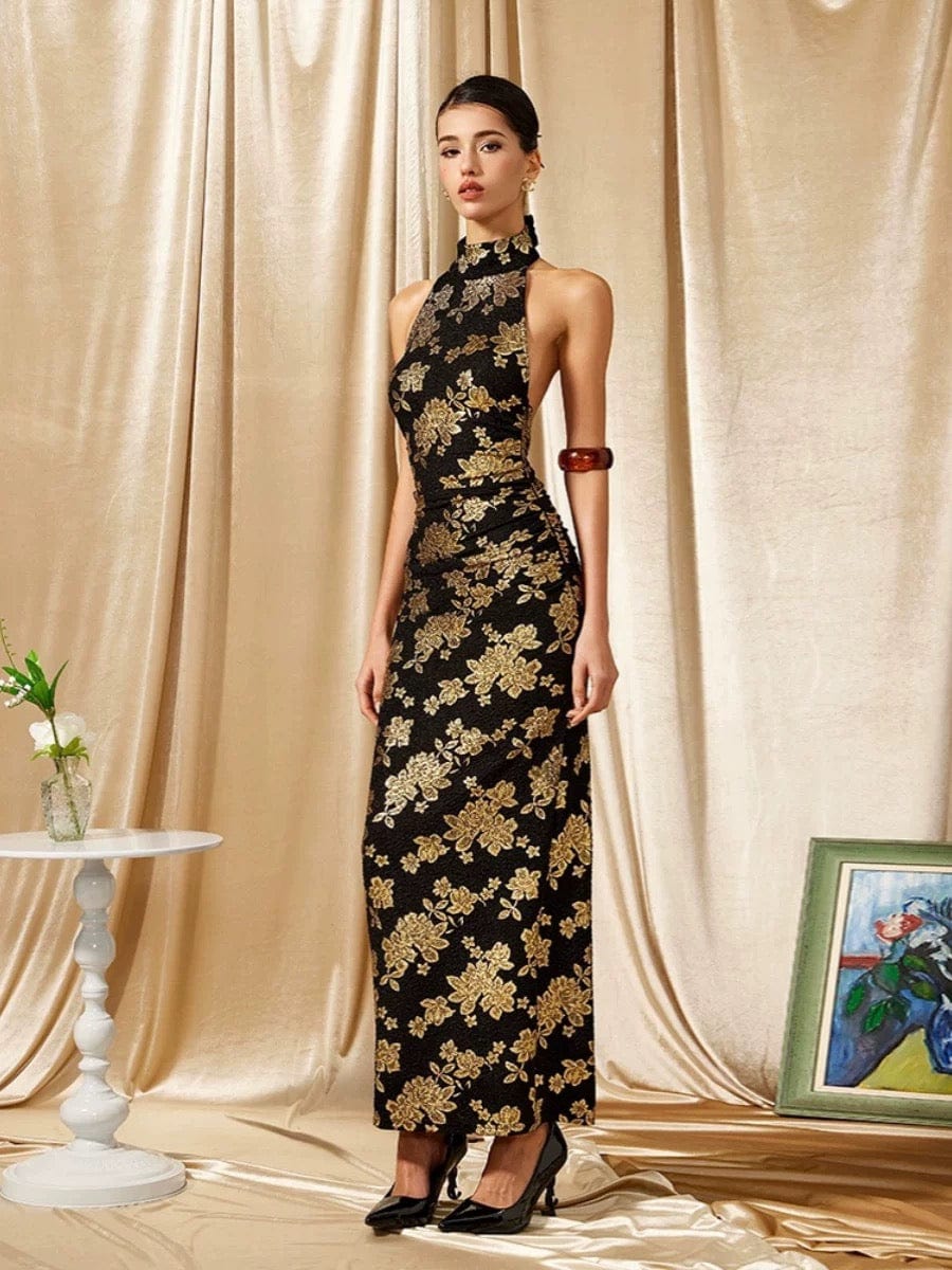 Beth and Brian Qipao-MO Backless, halter gold and black long Cheongsam