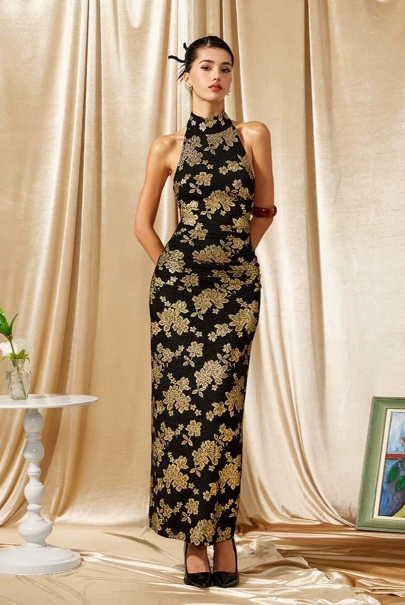 Beth and Brian Qipao-MO Backless, halter gold and black long Cheongsam