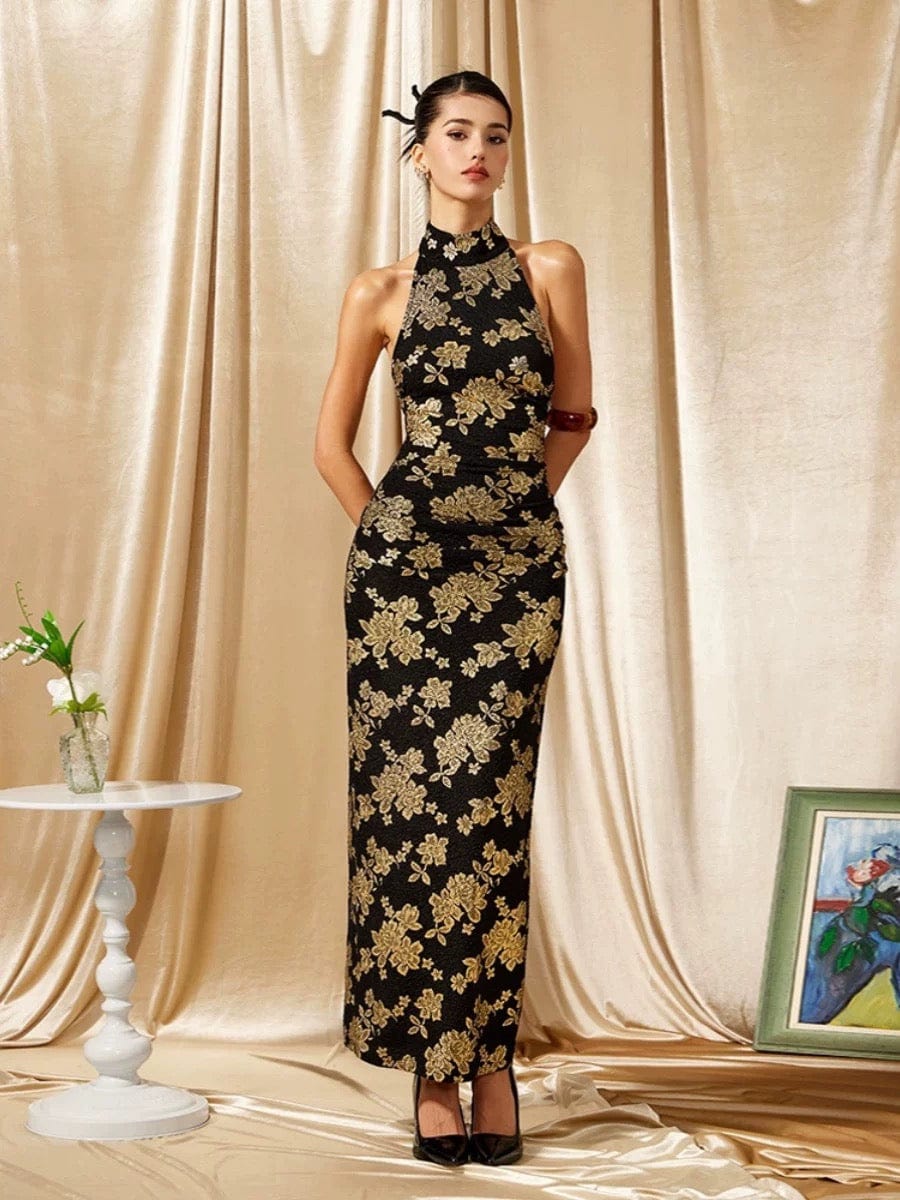 Beth and Brian Qipao-MO Backless, halter gold and black long Cheongsam