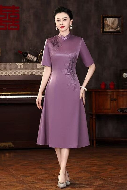 Beth and Brian Qipao-XX Floral pattern, purple midi A-line Cheongsam
