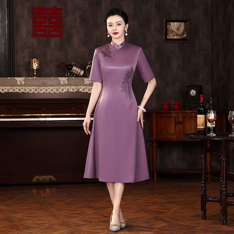 Beth and Brian Qipao-XX Floral pattern, purple midi A-line Cheongsam