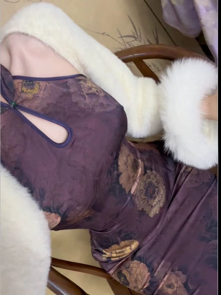 Beth and Brian Qipao-DBN New Chinese style (新中式), floral pattern, purple midi Cheongsam