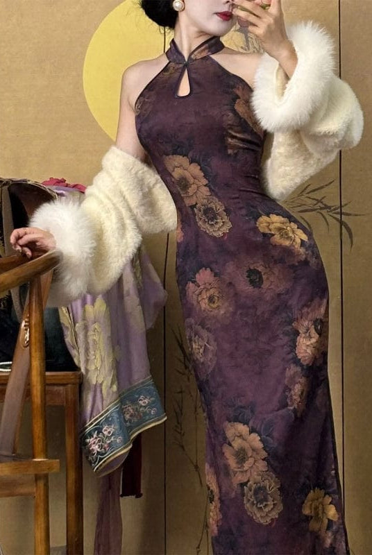 Beth and Brian Qipao-DBN New Chinese style (新中式), floral pattern, purple midi Cheongsam