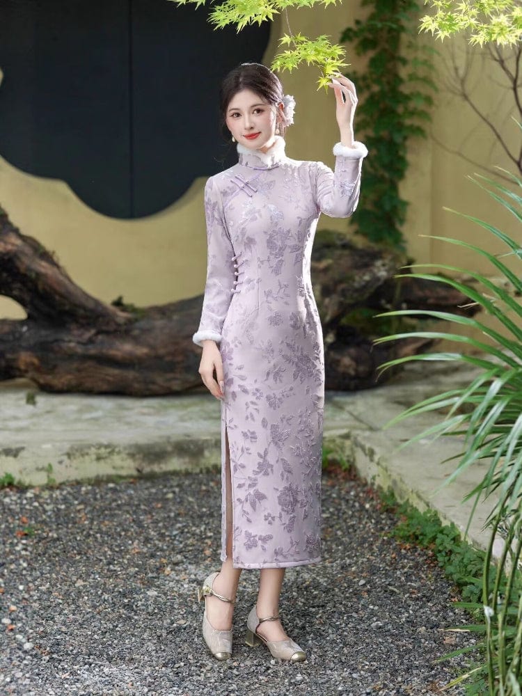 Beth and Brian Qipao-HYY Winter collection, floral pattern, purple midi Cheongsam