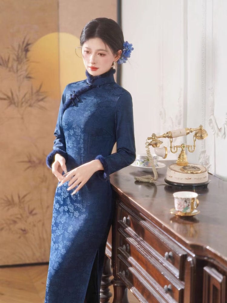 Beth and Brian Qipao-HYY Winter collection, Fleece-Lined, floral pattern midi Cheongsam