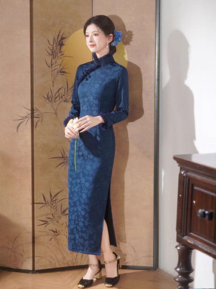 Beth and Brian Qipao-HYY Winter collection, Fleece-Lined, floral pattern midi Cheongsam
