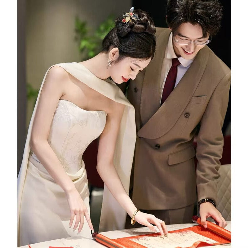Beth and Brian Qipao-GR Tube top, New Chinese style (新中式), floral floor length Cheongsam