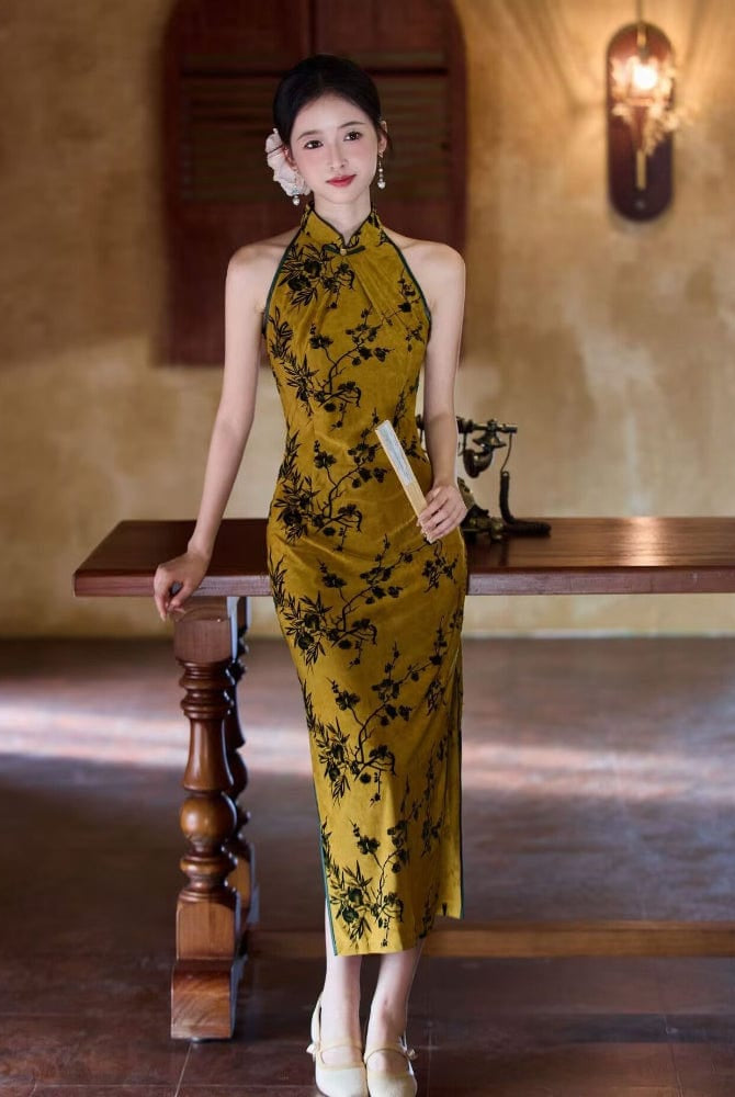 Beth and Brian Qipao-JLM Flocking fabric, halter floral midi Cheongsam