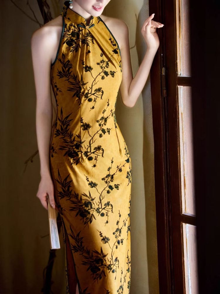 Beth and Brian Qipao-JLM Flocking fabric, halter floral midi Cheongsam