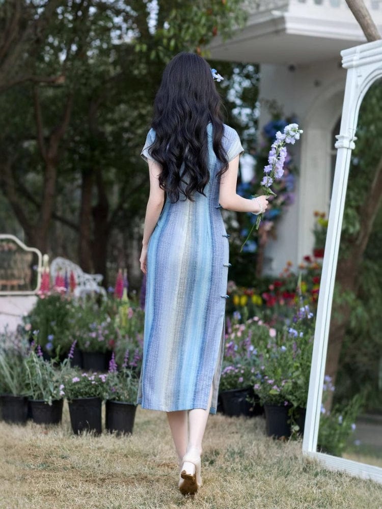 Beth and Brian Qipao-JLM Stripe pattern, silk hemp midi Cheongsam with raglan-sleeve