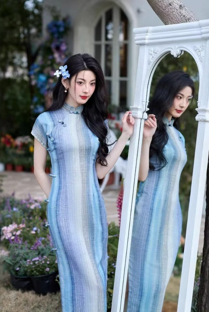 Beth and Brian Qipao-JLM Stripe pattern, silk hemp midi Cheongsam with raglan-sleeve
