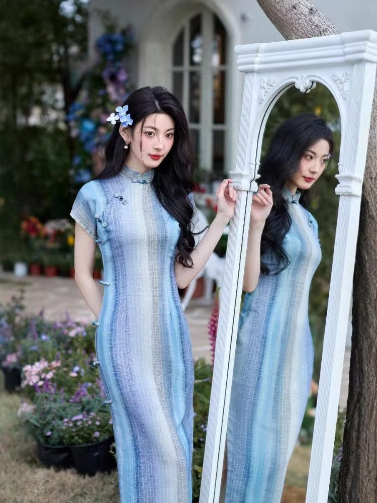 Beth and Brian Qipao-JLM Stripe pattern, silk hemp midi Cheongsam with raglan-sleeve