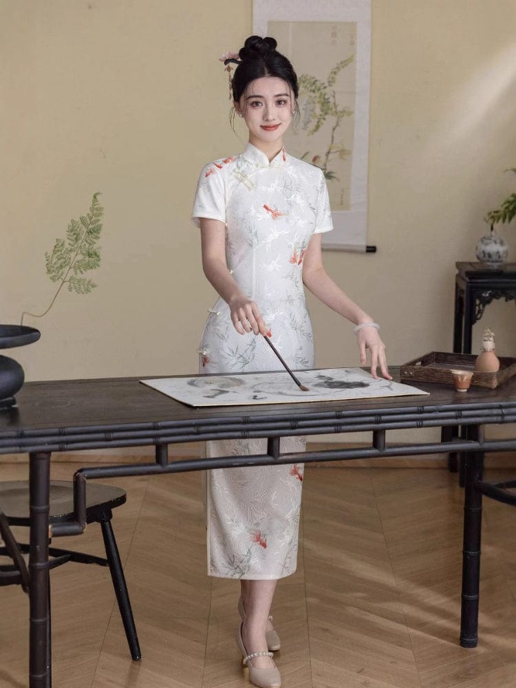 Beth and Brian Qipao-HYY Koi fish pattern, beige midi Cheongsam