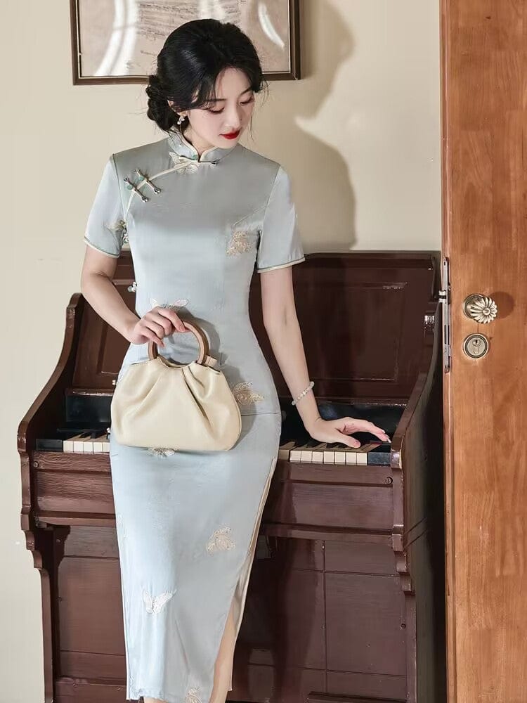 Beth and Brian Qipao-YG Butterfly embroiled, sky blue&beige midi Cheongsam