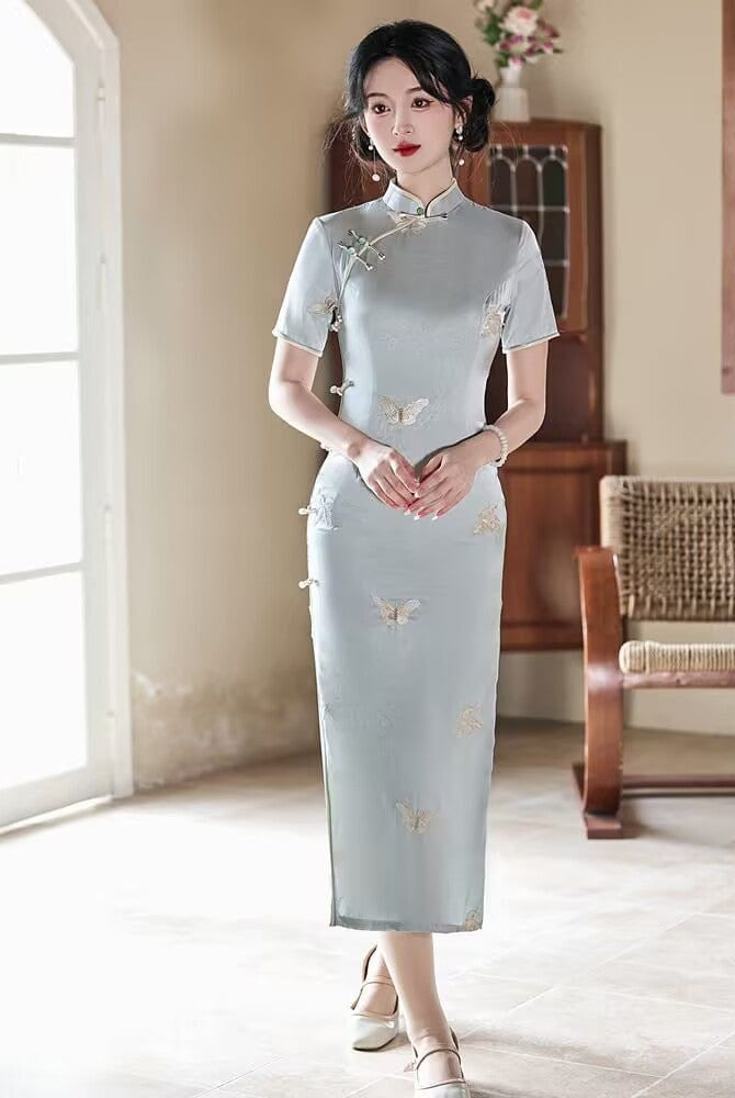 Beth and Brian Qipao-YG Butterfly embroiled, sky blue&beige midi Cheongsam