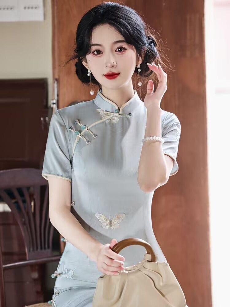 Beth and Brian Qipao-YG Butterfly embroiled, sky blue&beige midi Cheongsam