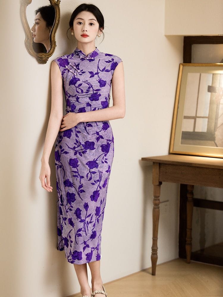 Beth and Brian Qipao-YG Flocking fabric, rose pattern, purple midi Cheongsam