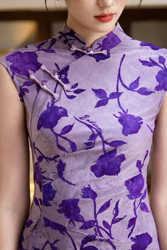 Beth and Brian Qipao-YG Flocking fabric, rose pattern, purple midi Cheongsam