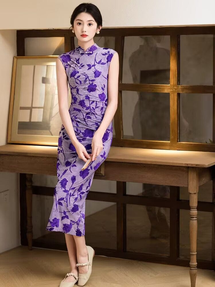 Beth and Brian Qipao-YG Flocking fabric, rose pattern, purple midi Cheongsam
