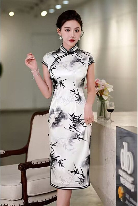Beth and Brian Qipao-QHJS 19 mome mulberry silk, High-end, bamboo midi Cheongsam