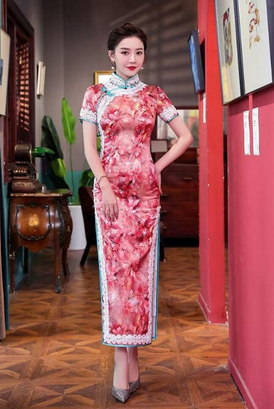 Beth and Brian Qipao-QHJS 19 mome mulberry silk, floral pattern, high-end red-pink long Cheongsam