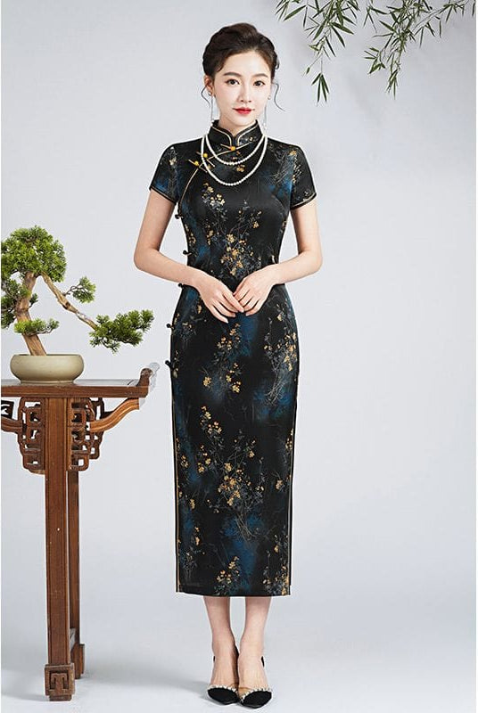 Beth and Brian Qipao-QHJS 19 mome mulberry silk, floral pattern, high-end black long Cheongsam