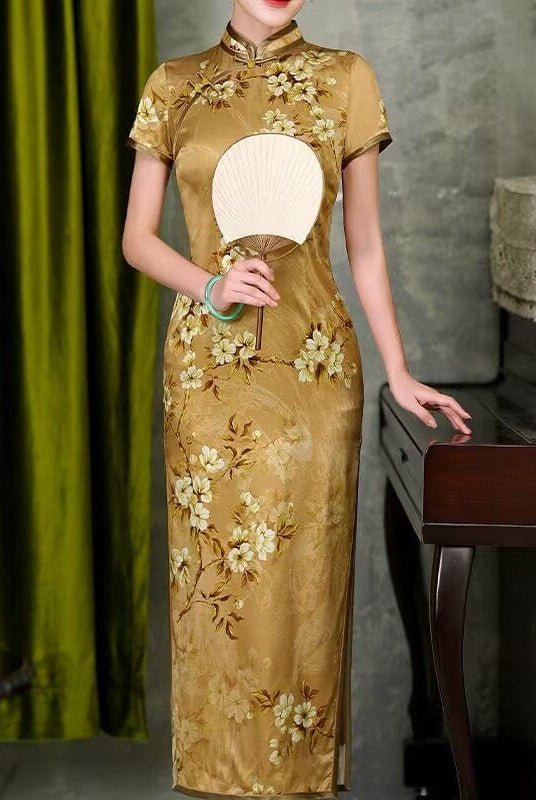 Beth and Brian Qipao-QHJS 19 mome mulberry silk, high-end, dark yellow long Cheongsam