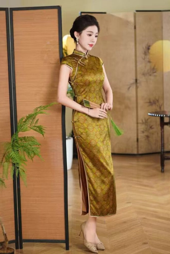 Beth and Brian Qipao-QHJS Diamond Check Pattern, 19 mome mulberry silk, high-end green long Cheongsam