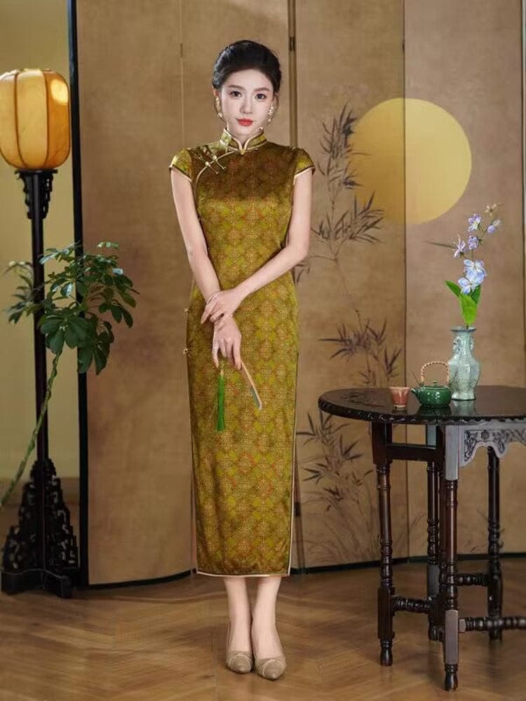 Beth and Brian Qipao-QHJS Diamond Check Pattern, 19 mome mulberry silk, high-end green long Cheongsam