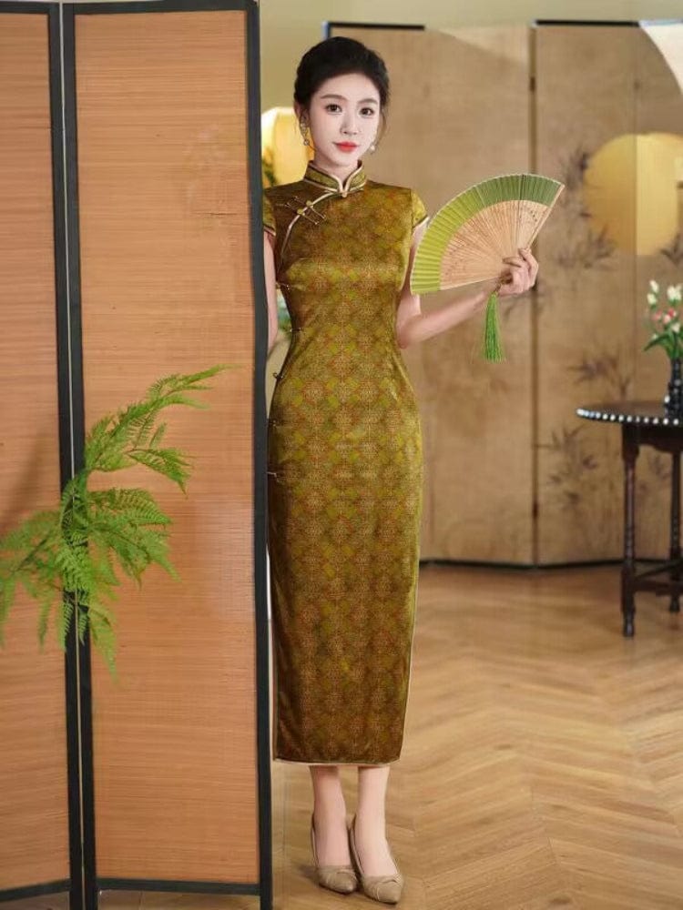 Beth and Brian Qipao-QHJS Diamond Check Pattern, 19 mome mulberry silk, high-end green long Cheongsam