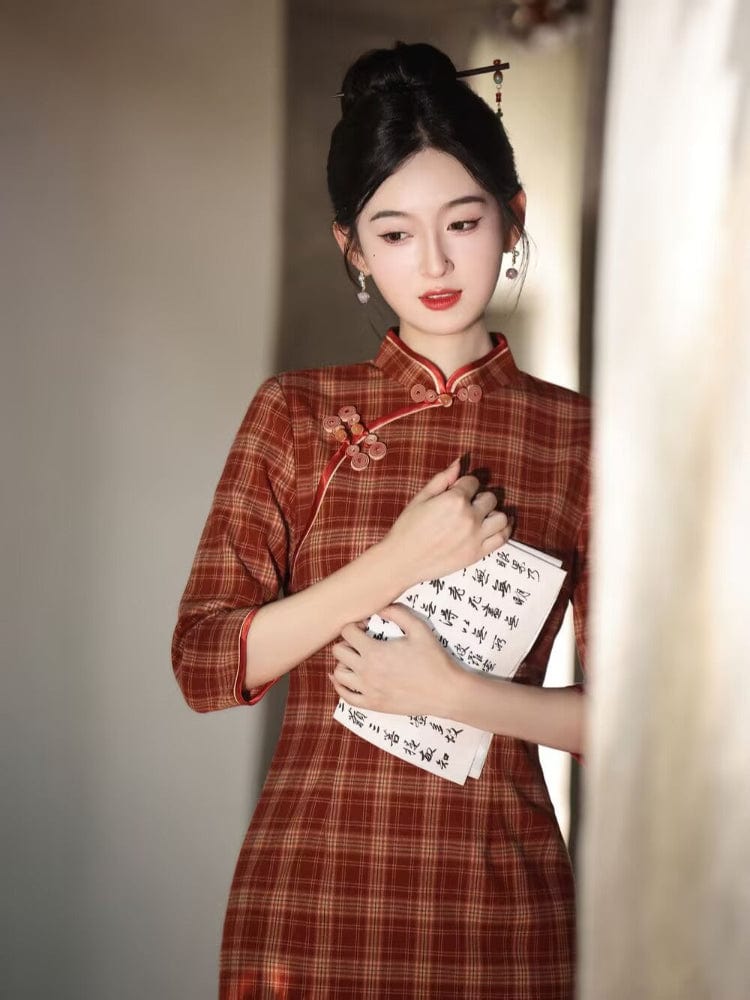 Beth and Brian Qipao-MLS Plaid pattern, daily red&green midi Cheongsam
