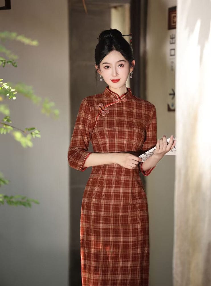 Beth and Brian Qipao-MLS Plaid pattern, daily red&green midi Cheongsam