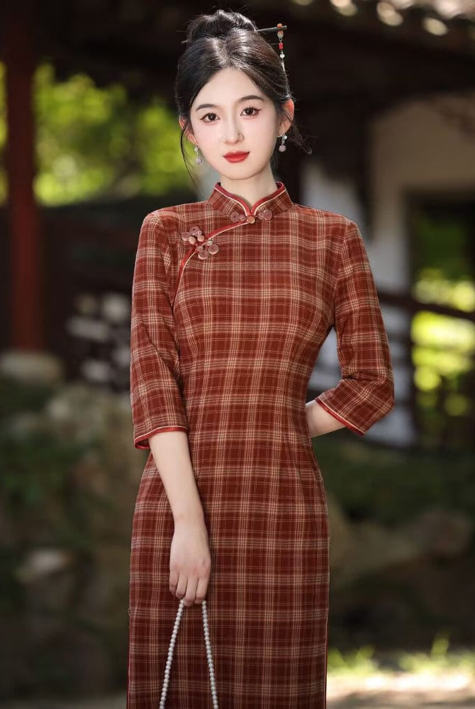 Beth and Brian Qipao-MLS Plaid pattern, daily red&green midi Cheongsam
