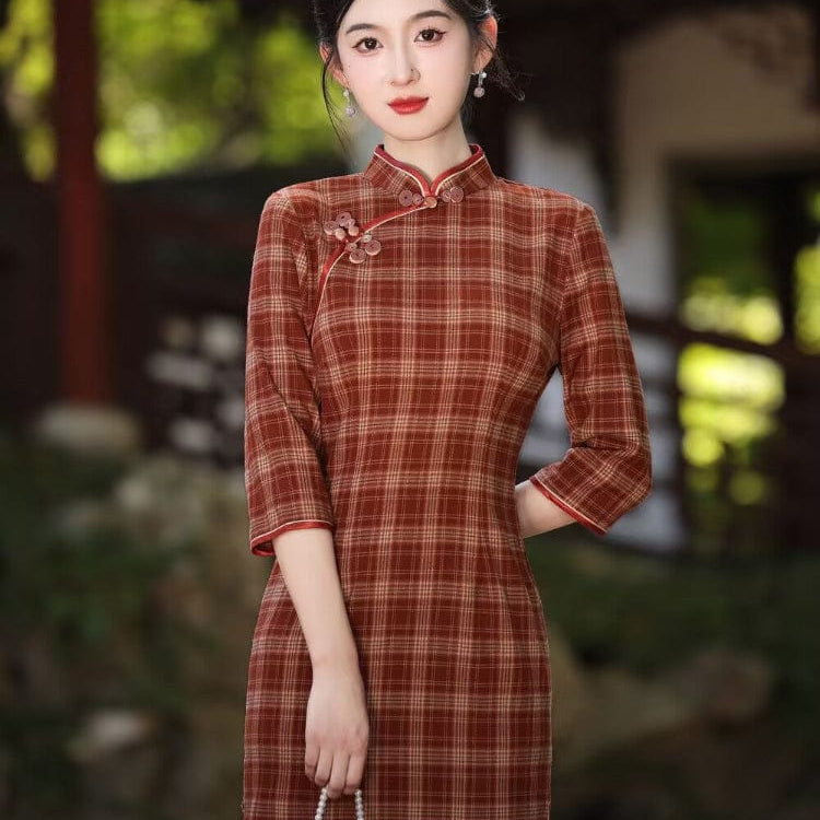 Beth and Brian Qipao-MLS Plaid pattern, daily red&green midi Cheongsam