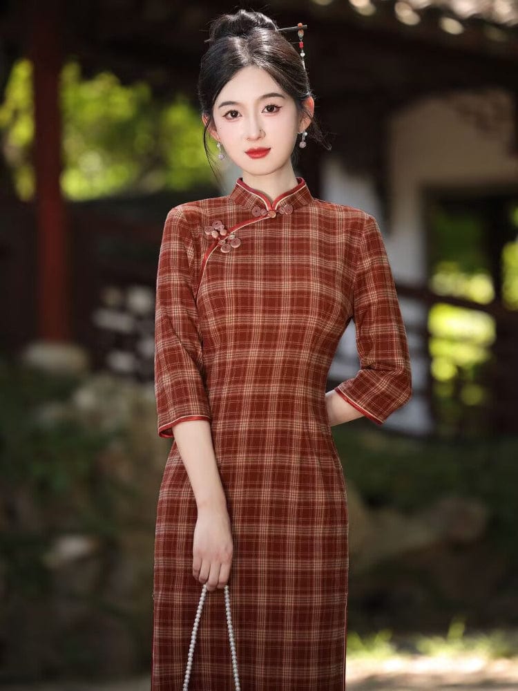 Beth and Brian Qipao-MLS Plaid pattern, daily red&green midi Cheongsam