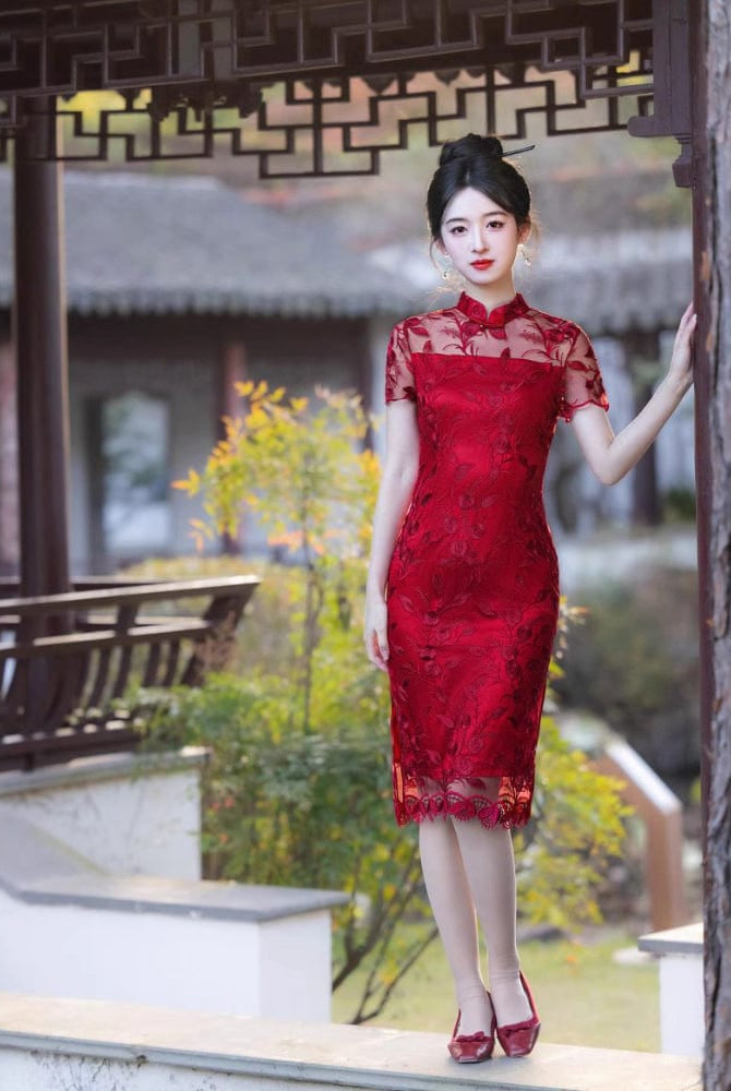 Beth and Brian Qipao-MLS Floral pattern, wedding lace mid-length Cheongsam