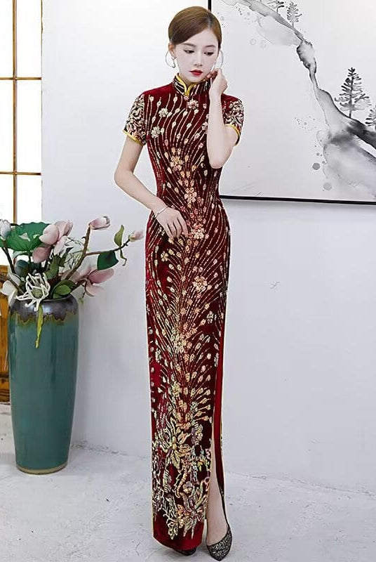 Beth and Brian Qipao-QCYJ Plus size, Sequins Chinese prom dress, Sequins evening long Cheongsam