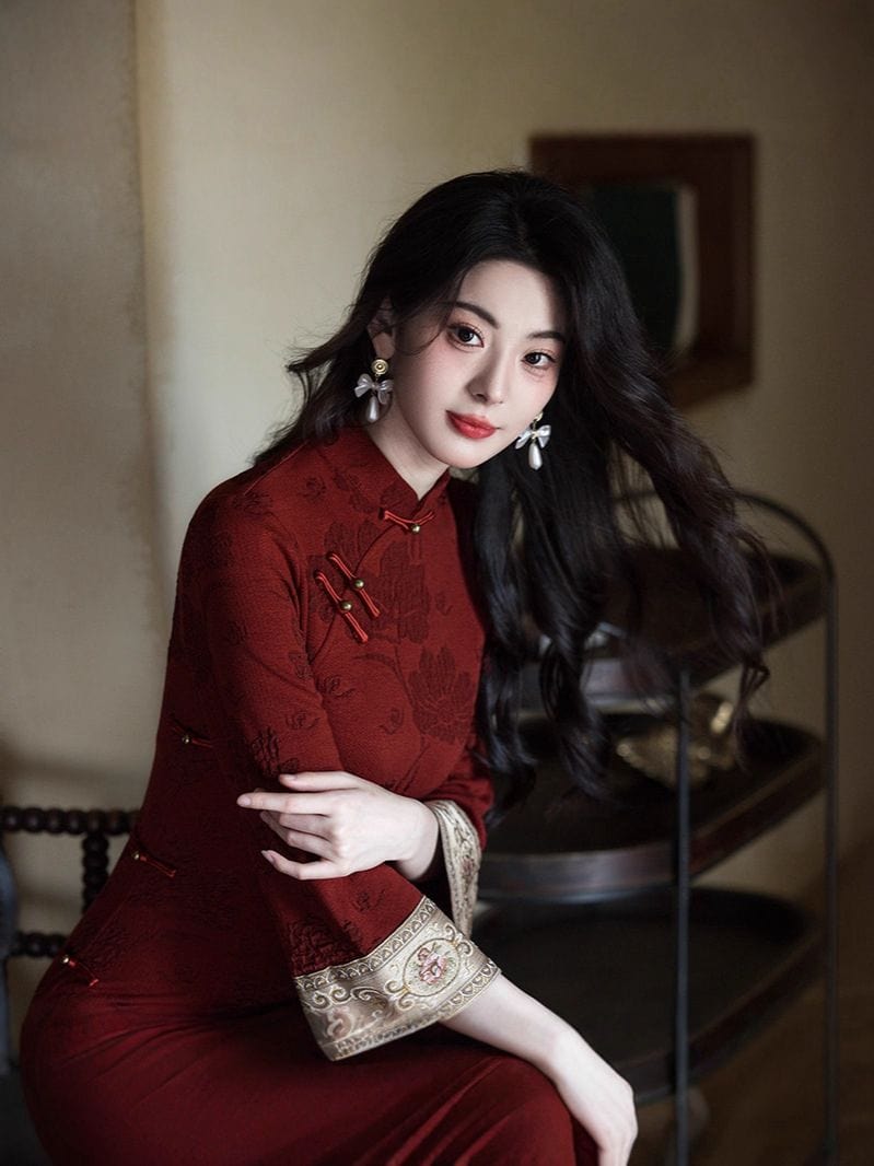 Beth and Brian Qipao-JLM Floral pattern, cotton red long Cheongsam