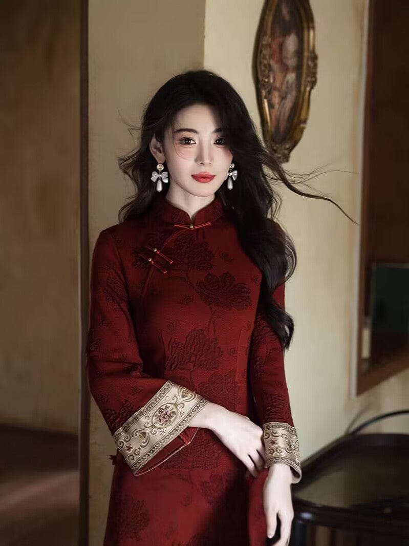 Beth and Brian Qipao-JLM Floral pattern, cotton red long Cheongsam