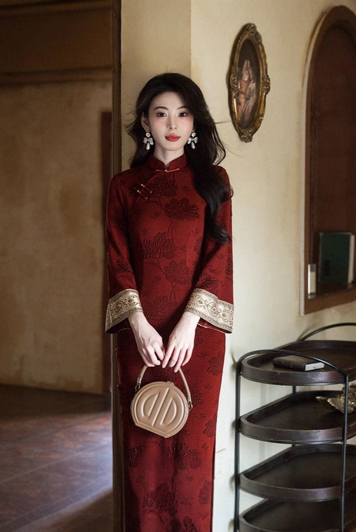 Beth and Brian Qipao-JLM Floral pattern, cotton red long Cheongsam