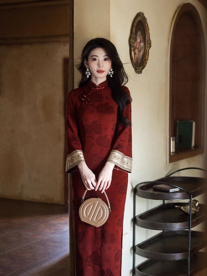 Beth and Brian Qipao-JLM Floral pattern, cotton red long Cheongsam