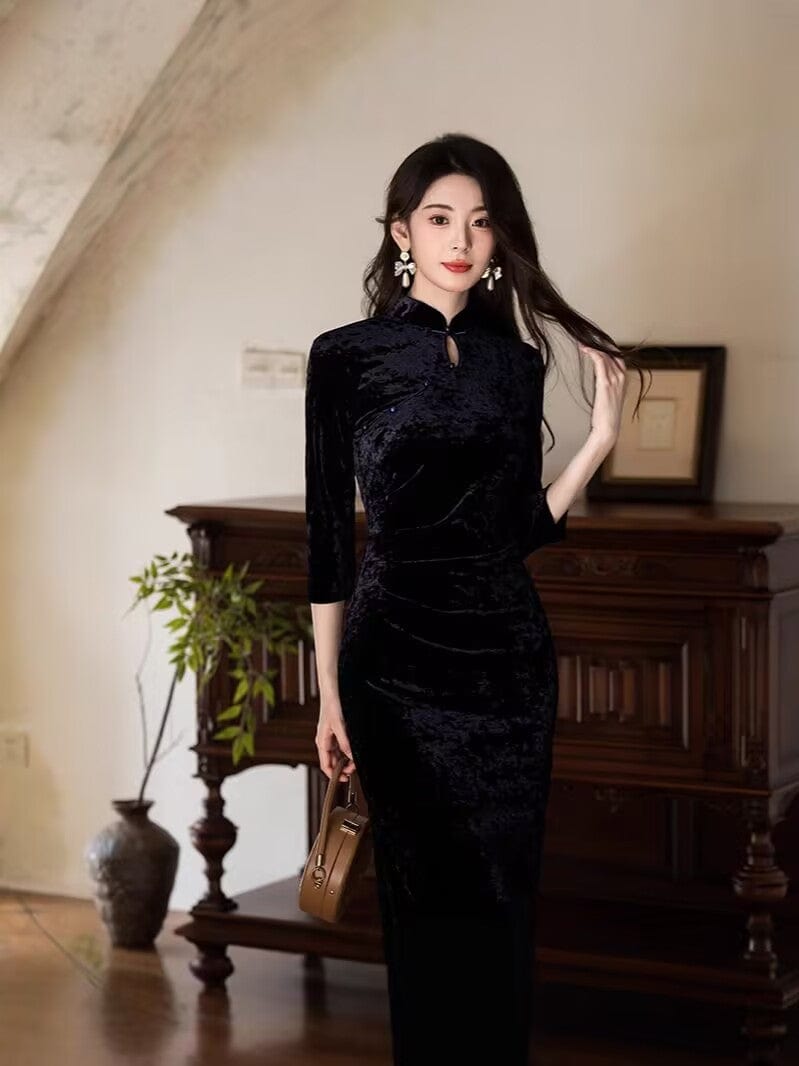 Beth and Brian Qipao-JLM Fall and winter collection, Velvet fabric, black long Cheongsam