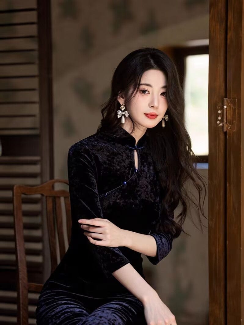 Beth and Brian Qipao-JLM Fall and winter collection, Velvet fabric, black long Cheongsam