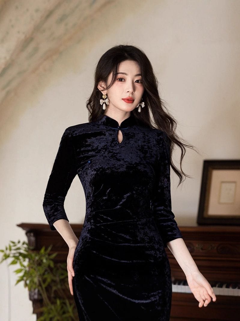 Beth and Brian Qipao-JLM Fall and winter collection, Velvet fabric, black long Cheongsam