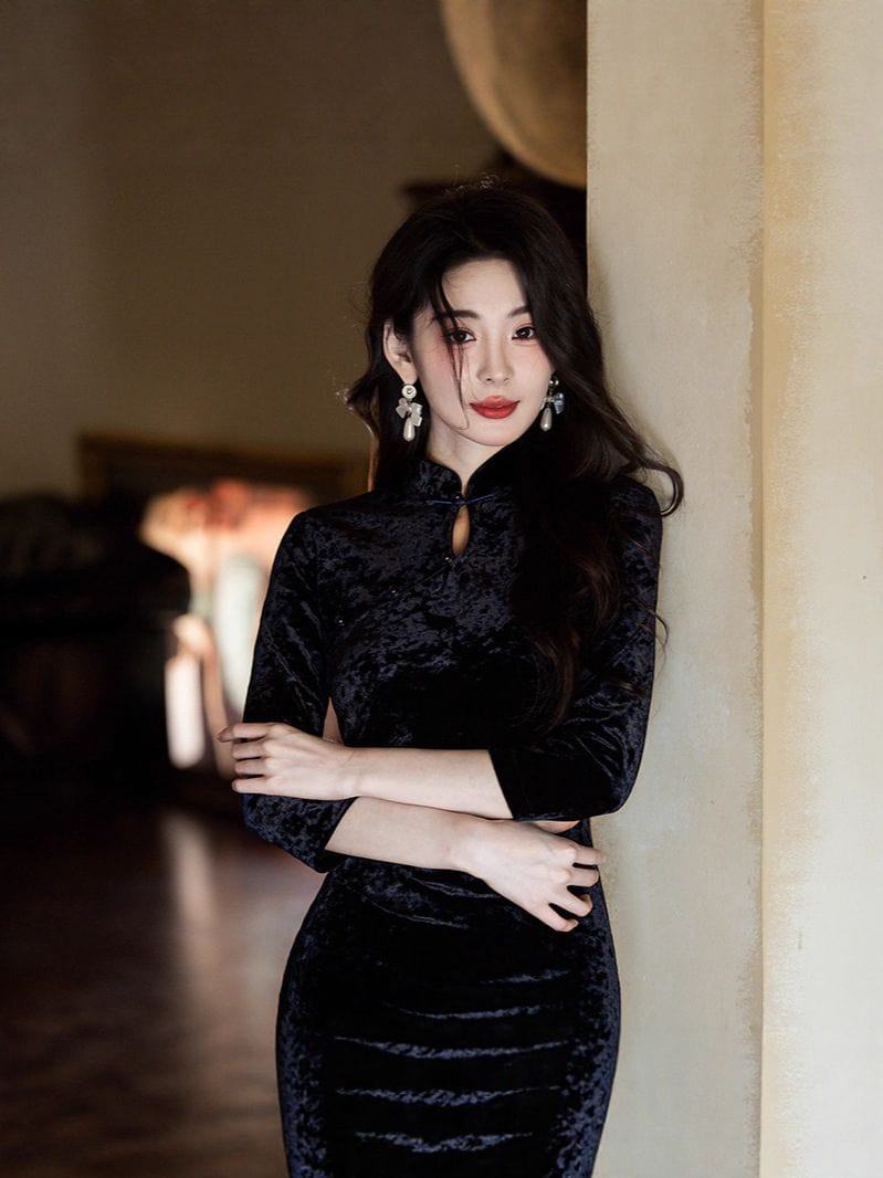 Beth and Brian Qipao-JLM Fall and winter collection, Velvet fabric, black long Cheongsam