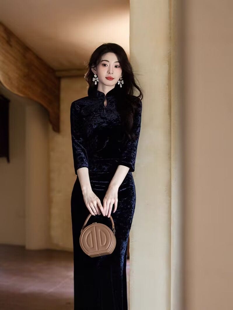 Beth and Brian Qipao-JLM Fall and winter collection, Velvet fabric, black long Cheongsam