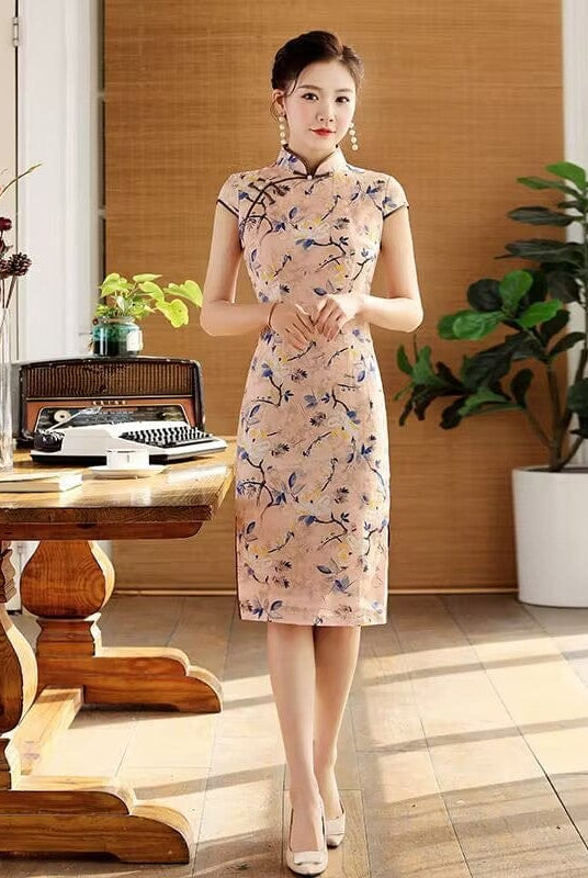 Beth and Brian Qipao-QHJS Floral pattern, cotton pink mid-length Cheongsam